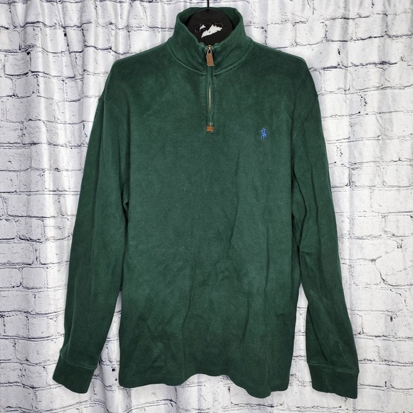 Polo Ralph Lauren Quarter Zip Pullover Sweater Green Mens XL Navy Logo Cotton - Picture 1 of 8